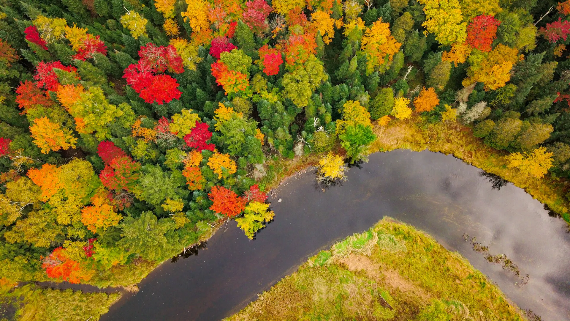 An aerial view of the Saranac River in the fall.