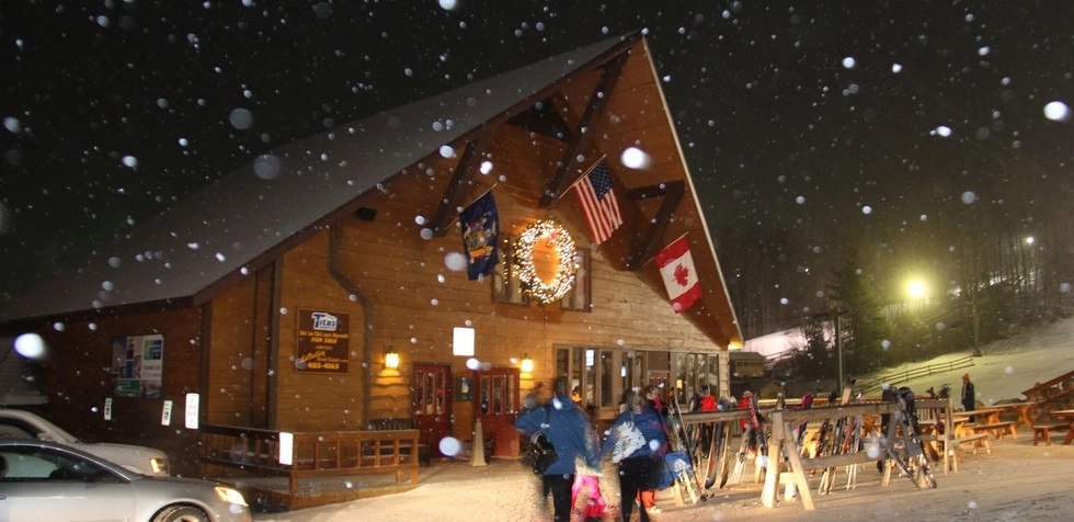 The lodge at Titus Mountain at night.