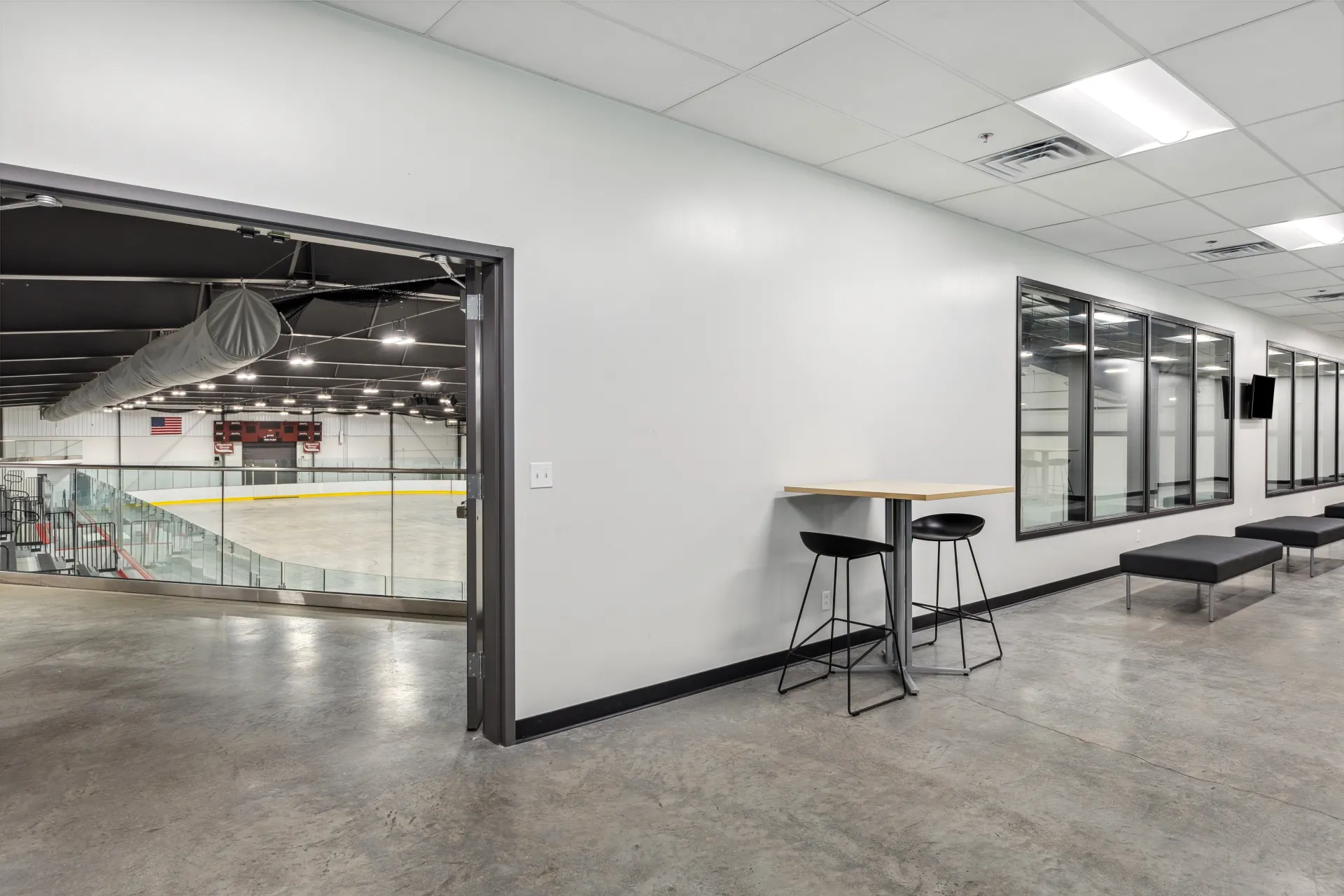 An entry way from the stands of the rink to an upper viewing area at the Saranac Lake Civic Center.