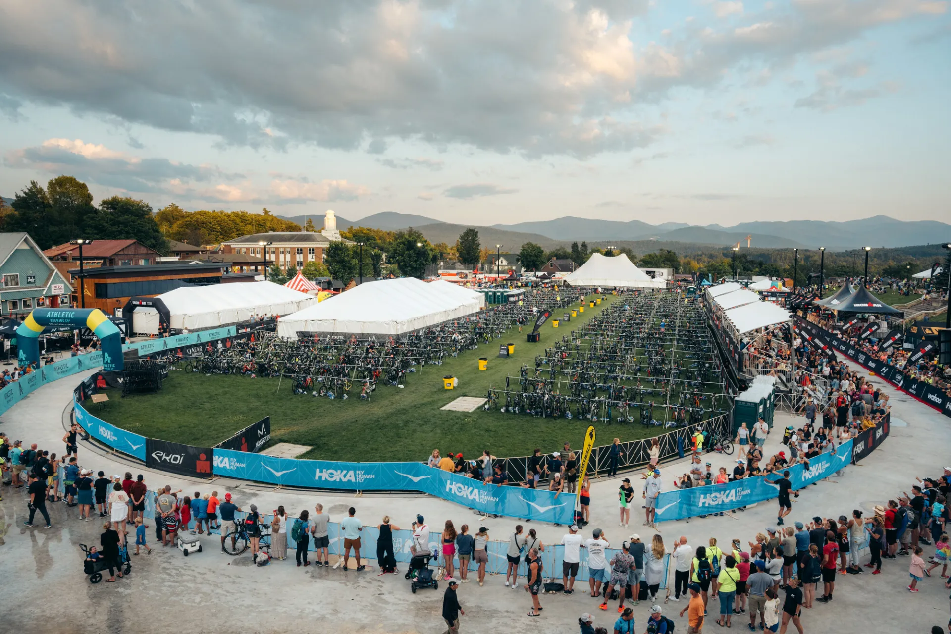 An overhead view of the finish line and of all the bikes.
