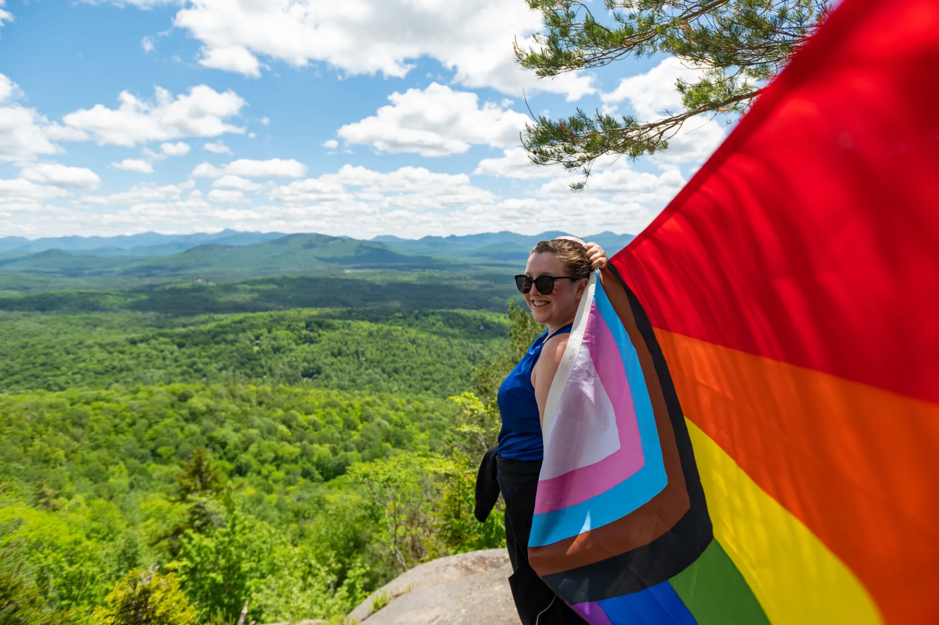 A person holding a pride flag at a mountain summit.
