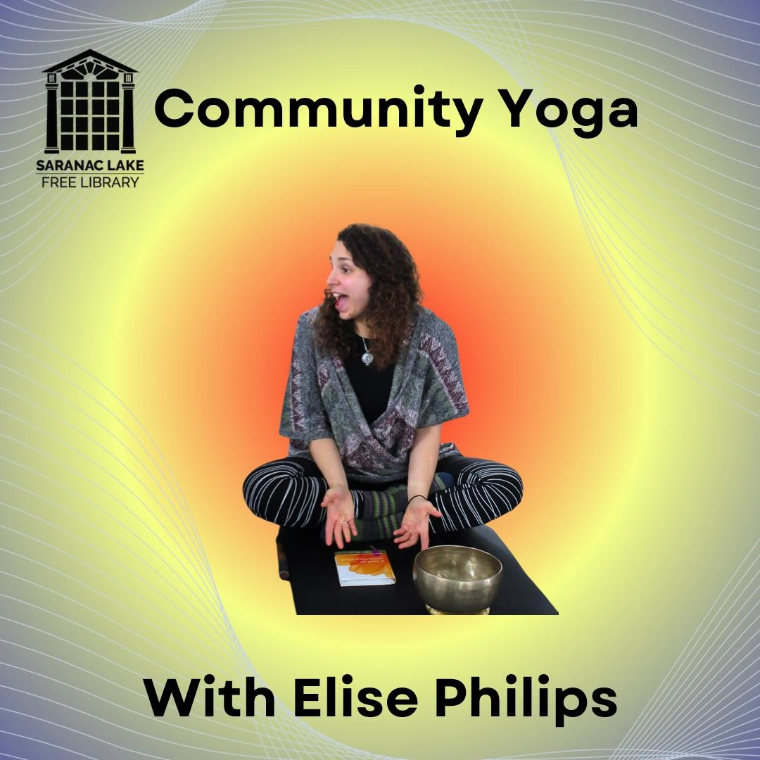 A happy and energetic woman sits on a yoga mat with the words ' Community Yoga with Elise Phillips"