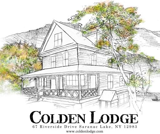 An illustration of a three story home with a covered porch and colored in trees near by with mountains behind.