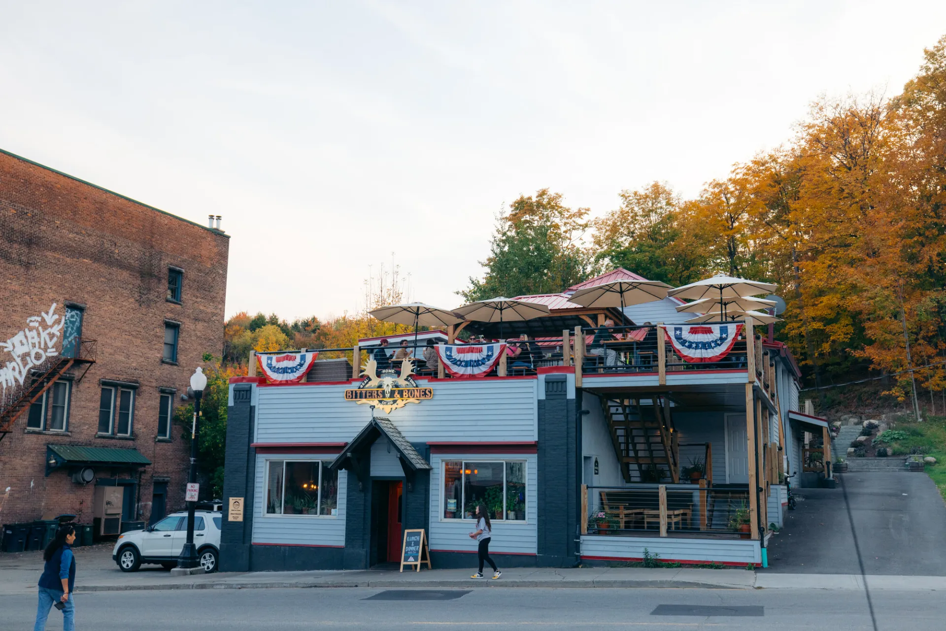 Exterior of Bitters & Bones in Saranac Lake, NY.