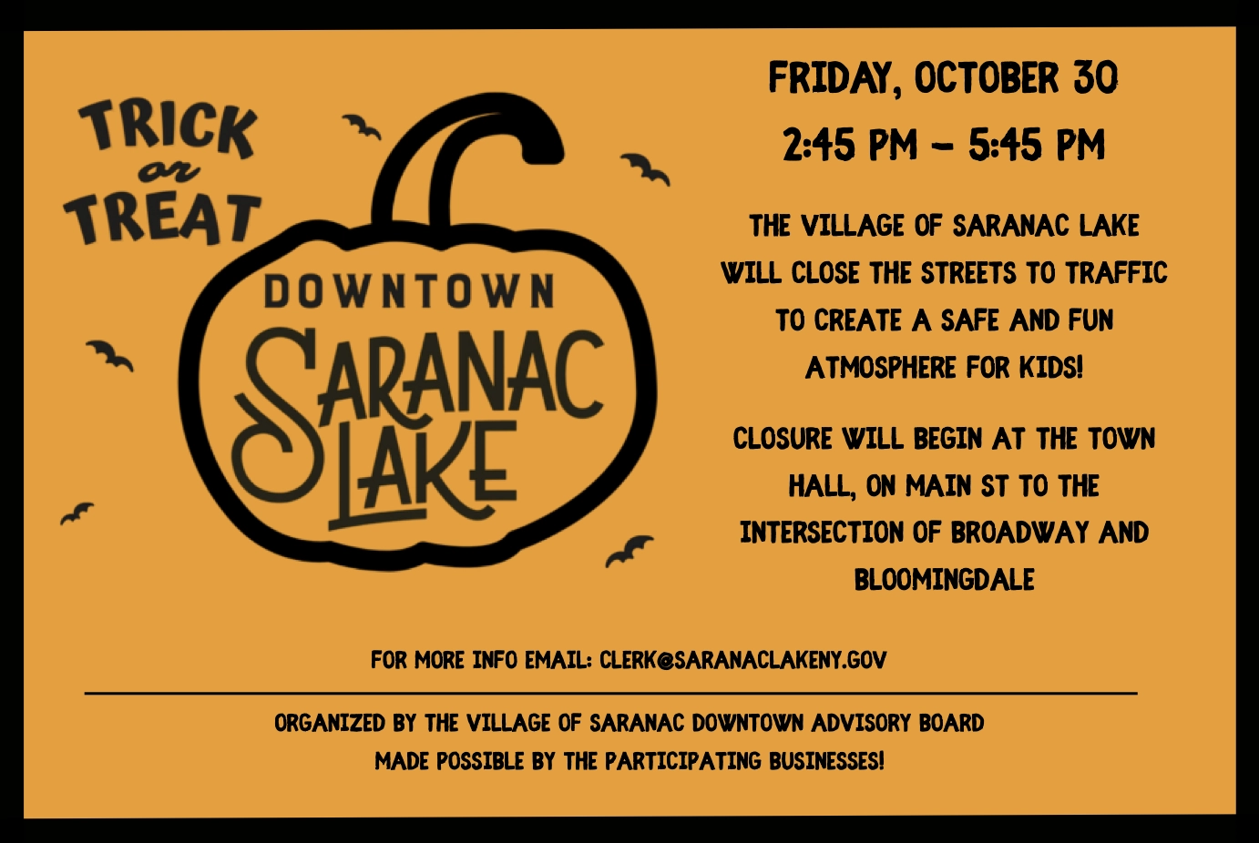 event flyer on orange background, black text and black pumpkin