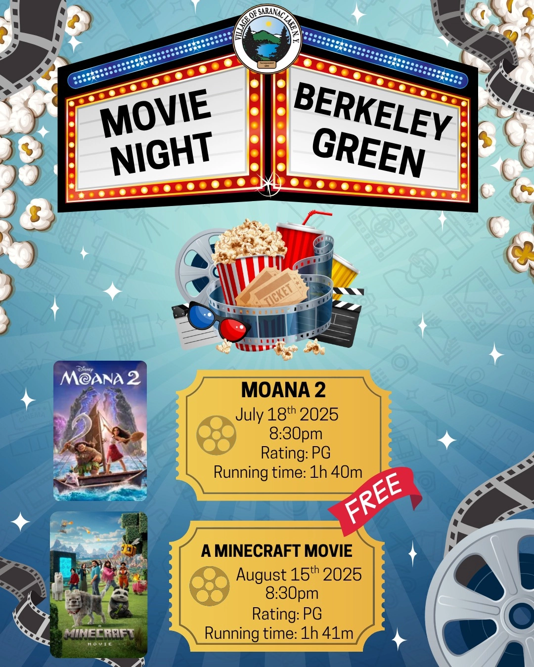 movie theater marquee with event details and images of moana and minecraft movie posters