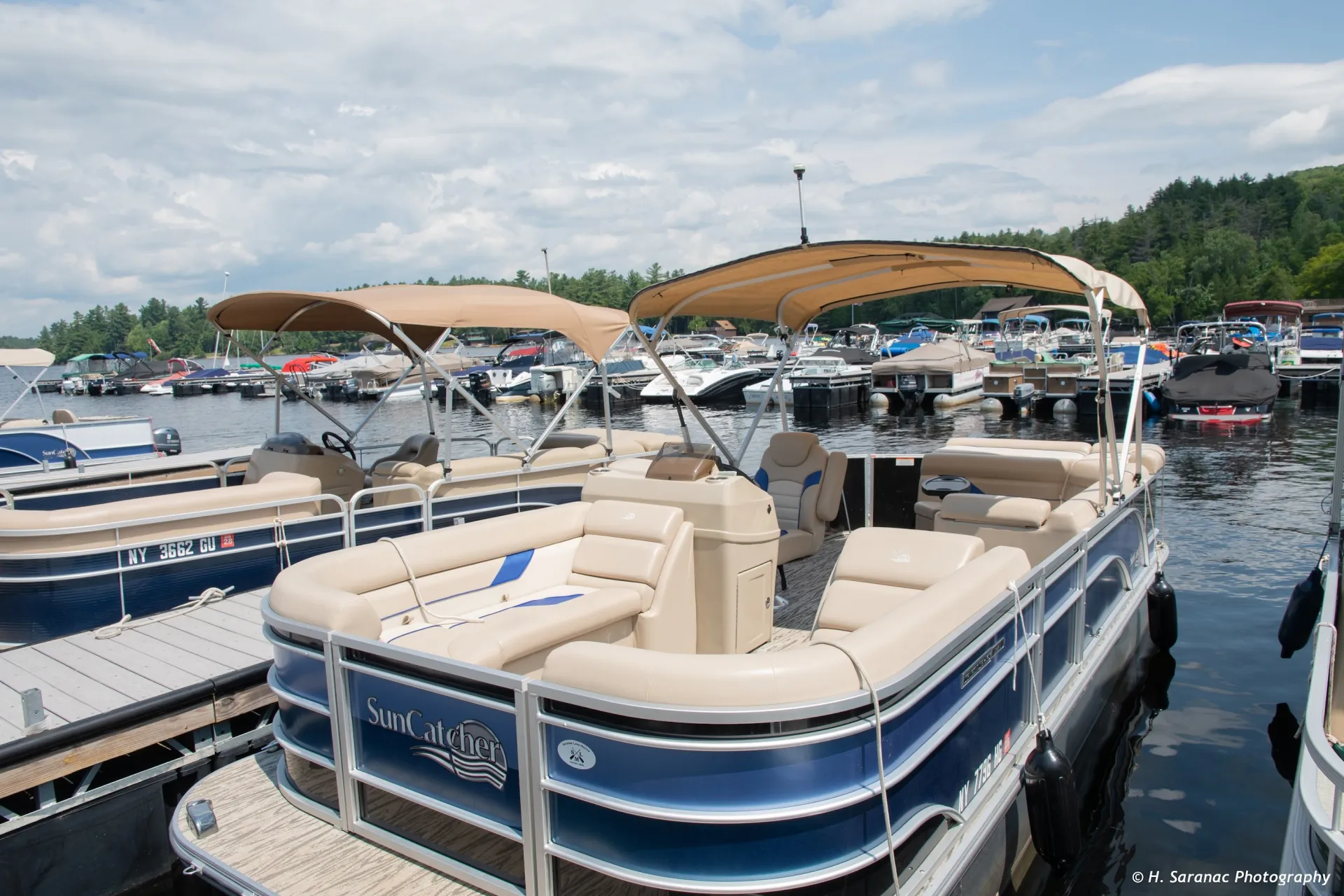 pontoon boat at marina 