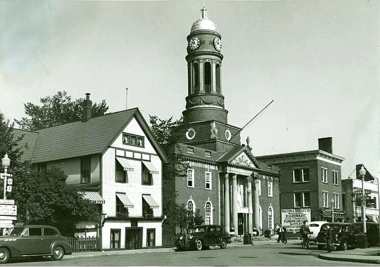 A historical photo of the Harrietstown Town Hall.