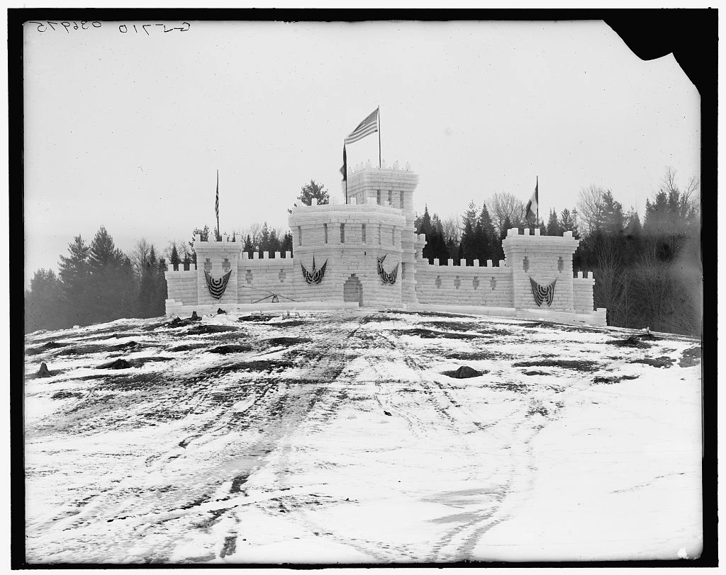 A historical photo of the Saranac Lake Winter Carnival ice palace.