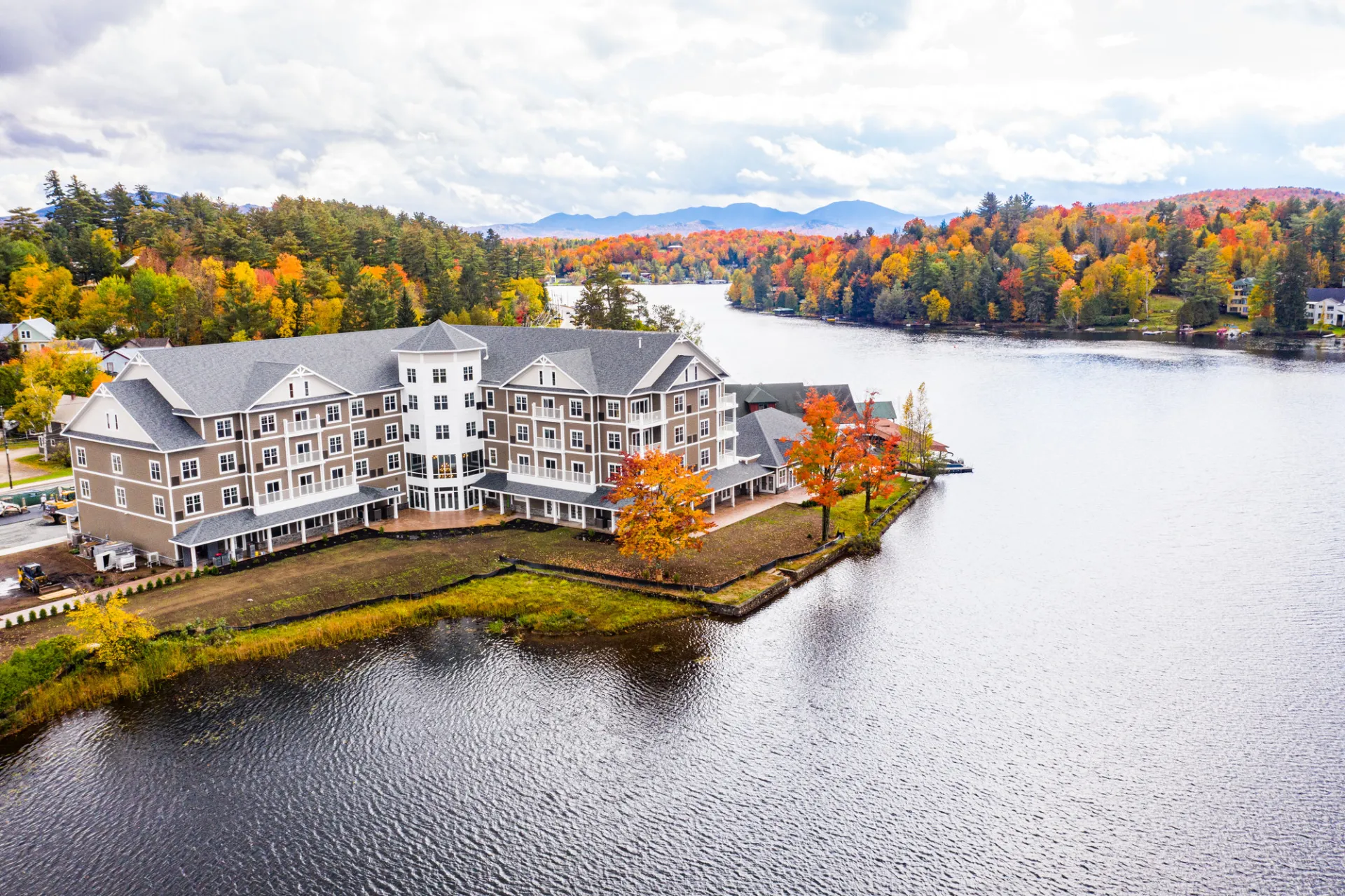 The Saranac Lake waterfront in the fall.