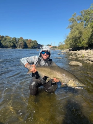 A man in waders holds a huge salmon.