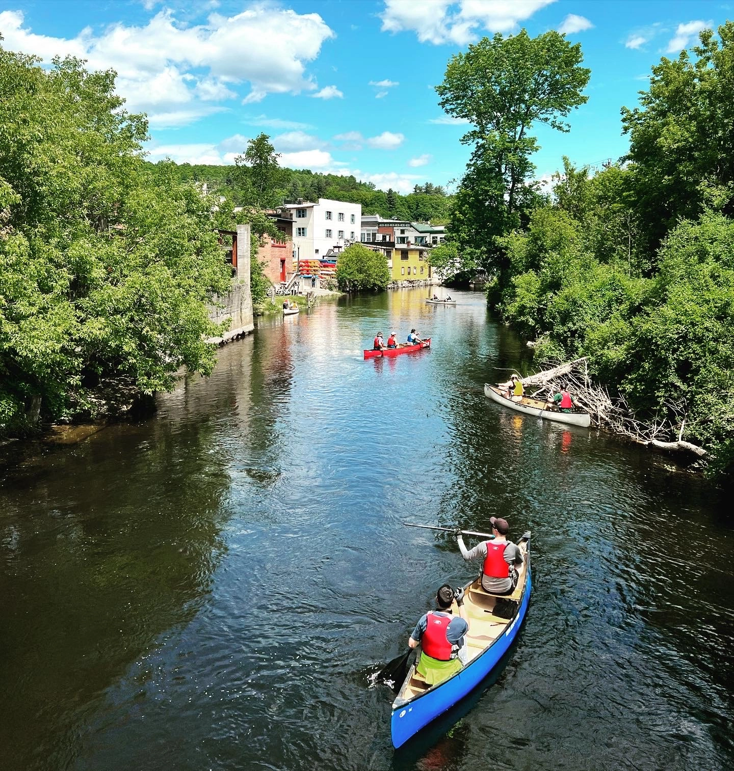 Aerial view of people paddling towards town.