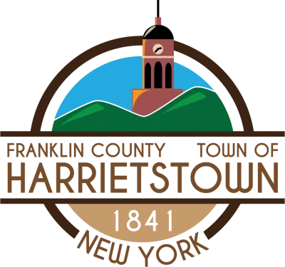 Illustration of the clock tower over the words Franklin County Town of Harrietstown 1841 New York