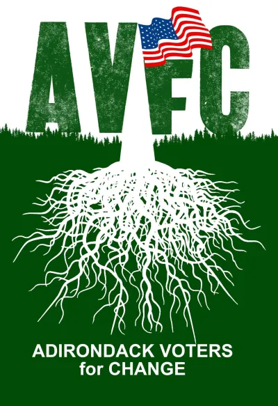 A green and white poster with AVfC and tree roots below the letters with an American flag fluttering above the f.