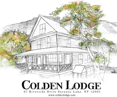 An illustration of a three story home with a covered porch and colored in trees near by with mountains behind.