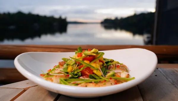 A fresh and delicious meal on a plate, lakeside.