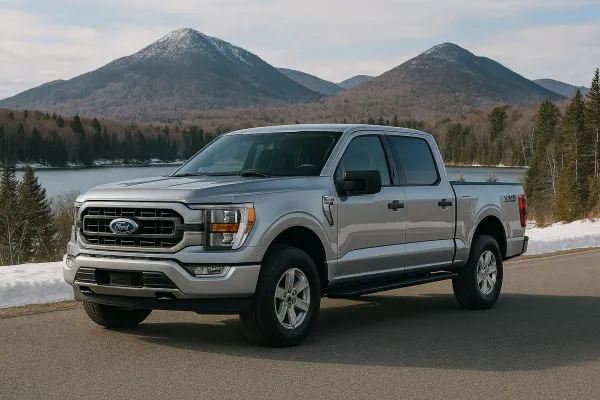 A shiny silver truck sits on a snowy road with a lake and mountains behind.