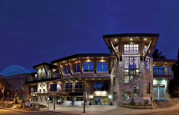 The Olympic Conference Center at night.