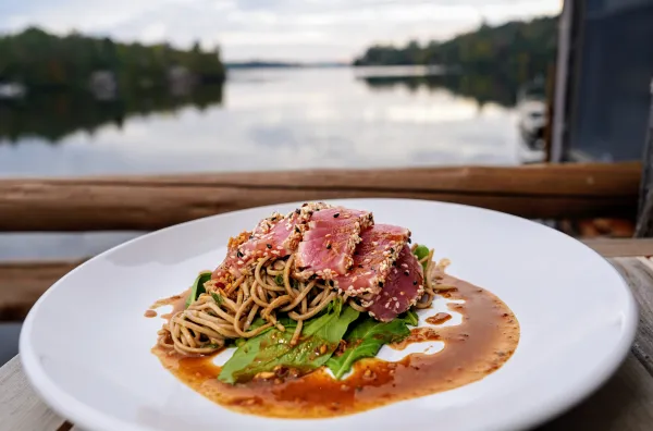 A fresh and delicious meal on a plate, lakeside.