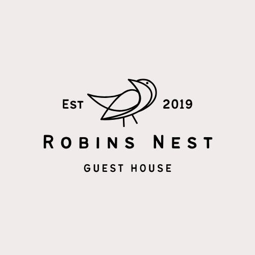 A line illustration of a bird surrounded with the text 'Est 2019 Robins Nest Guest House'.