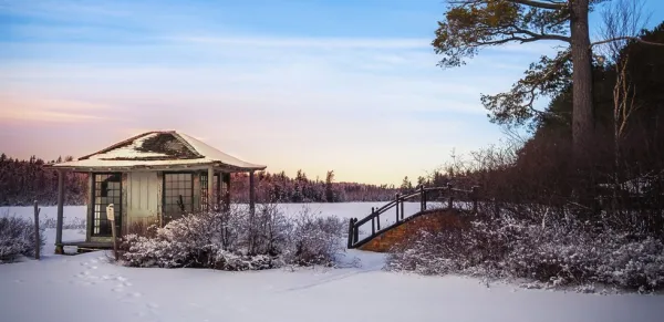 The tea house and surrounding view blanketed in snow.
