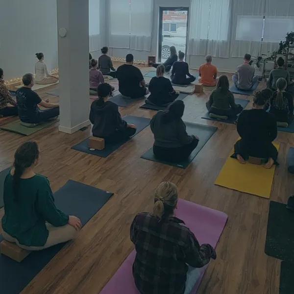 A group of people sit on yoga mats on a hardwood floor facing large windows.