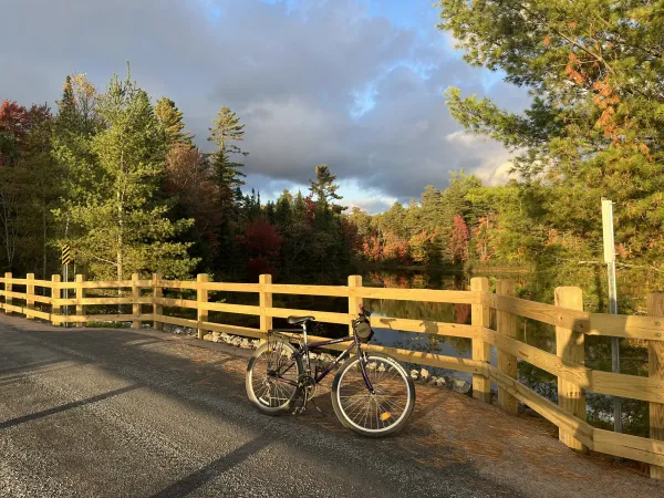 A bike on the rail trail by a pond.