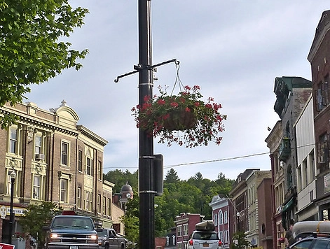 Hanging baskets on the light posts beautify the town