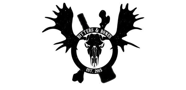 The Logo - A moose scull with a bottle of bitters and a femur crossed behind and a ring with Bitters & Bones surrounding