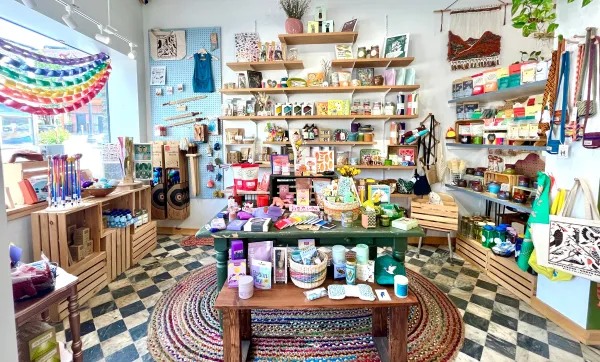 A view of the shop with all the products displayed in rainbow colors
