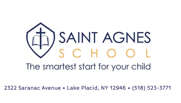 Logo for Saint Agnes School with a cross bisecting a book within a sheild.