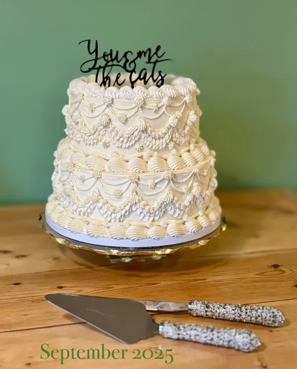 A two tier cake decorated with layers of ornate white draped piping.