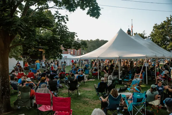A huge crowd of people sit in lawn chairs to enjoy the music