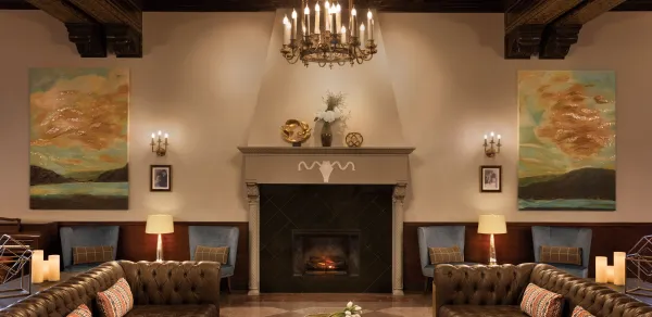 Photograph of the fireplace in Hotel Saranac's great hall