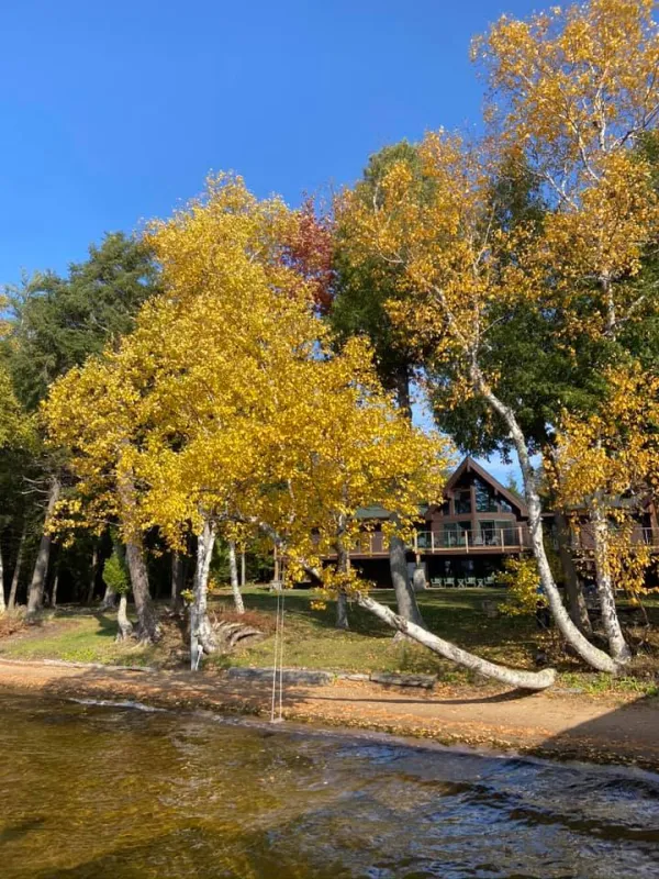 Fall view of the Alpenglow Lakeside Lodge from the dock showing all the vibrant foliage against the blue sky.