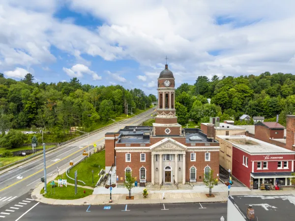 An aerial view of the clock tower at the Harrietstown Town Hall.