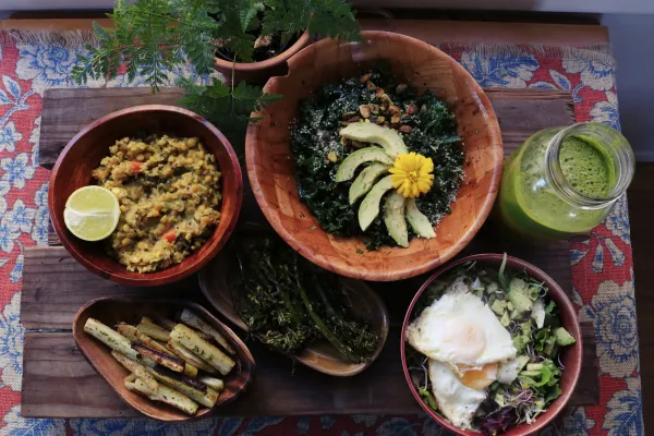 Various bowls of vegetables in beautiful and nourishing combinations.