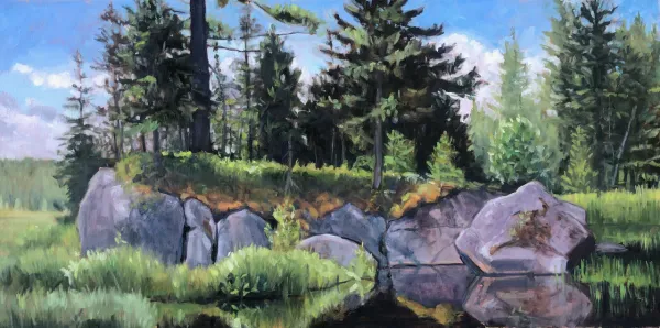 A painting of the stones surrounding Barnum Brook, capped with tall pines and reflecting in the water. 