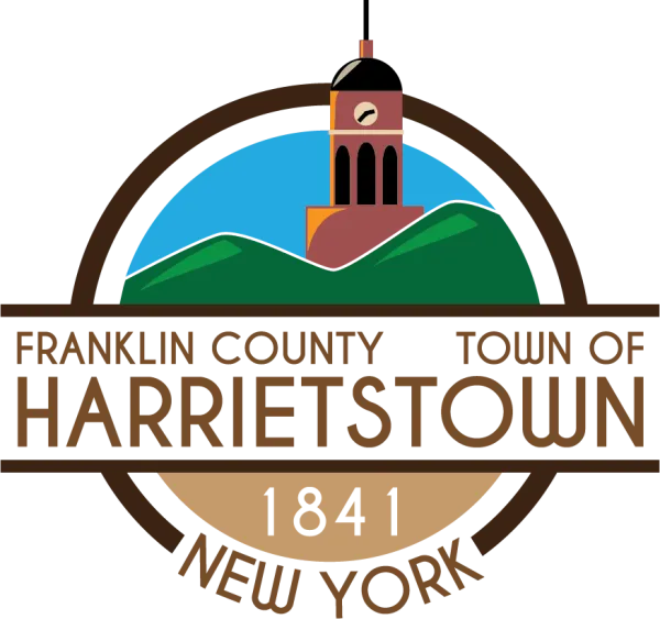 Illustration of the clock tower over the words Franklin County Town of Harrietstown 1841 New York