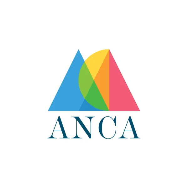 Illustration of triangles and sun in blue, green, yellow, orange then red with 'A', 'N', 'C' and  'A'.