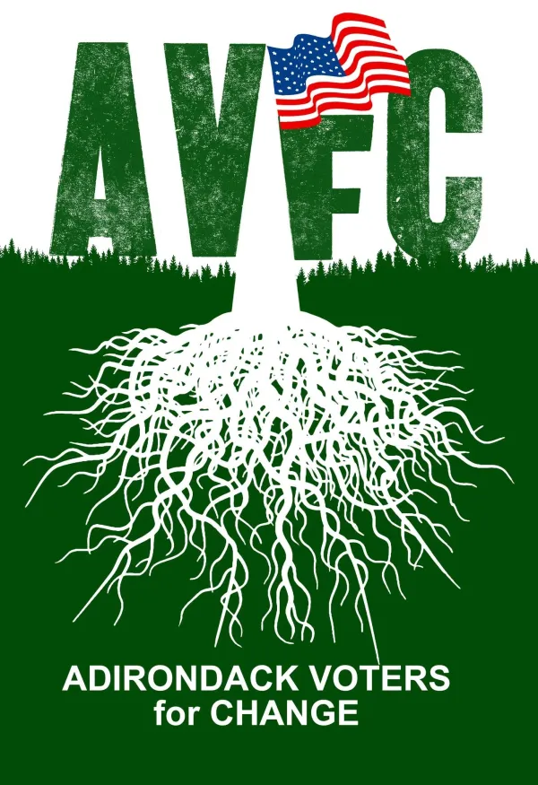A green and white poster with AVfC and tree roots below the letters with an American flag fluttering above the f.