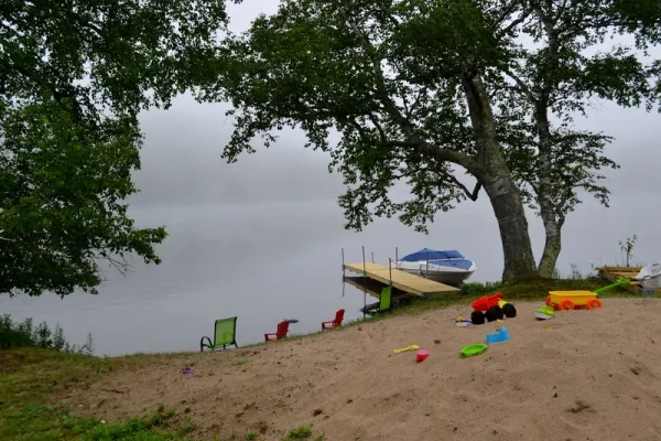 A sandy beach with dock, boat and shade tree.