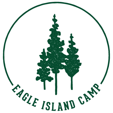 Illustration of three green pine trees on a white background surrounded with a green badge and Eagle Island Camp.
