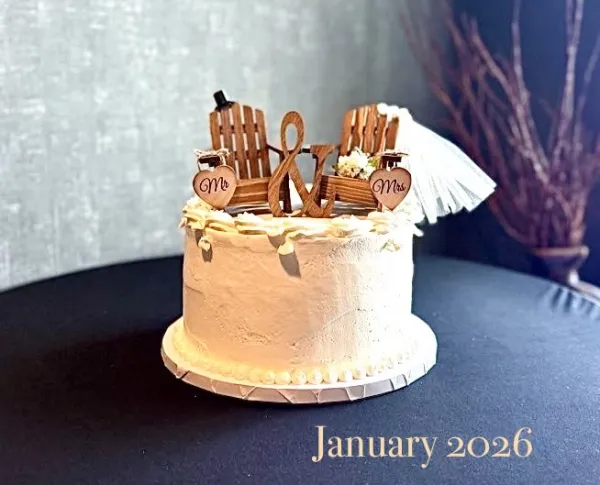 A single tiered cake topped with bride and groom styled adirondack chairs.