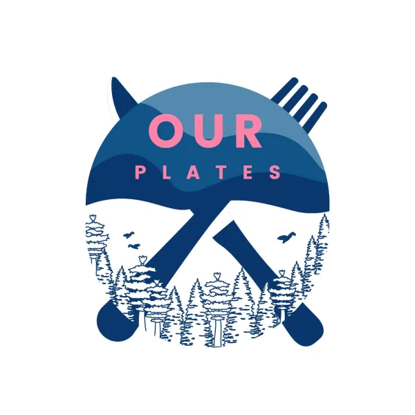 A logo badge with crossed fork and knife, with swooping mountain sky and tall pines below.