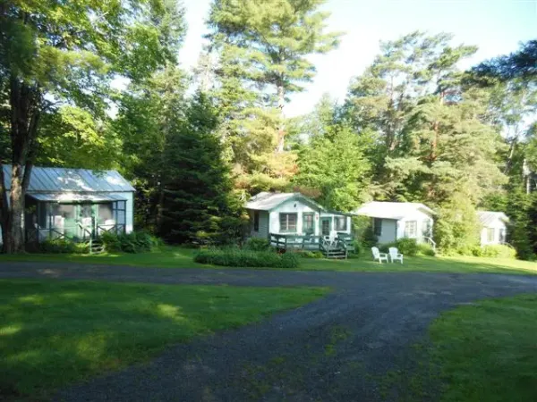Light blue cottages surrounded by trees