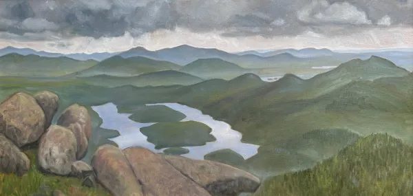 A painting of the Iconic figure 8 form of Lake Placid, viewed from Whiteface Mountain.