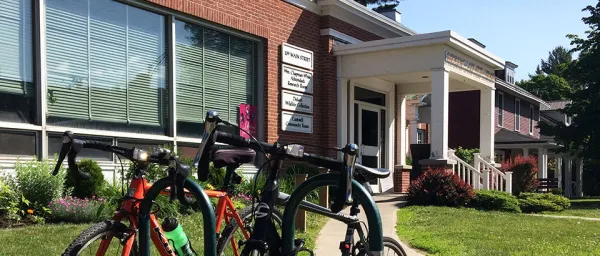 Bikes in front of the brick library