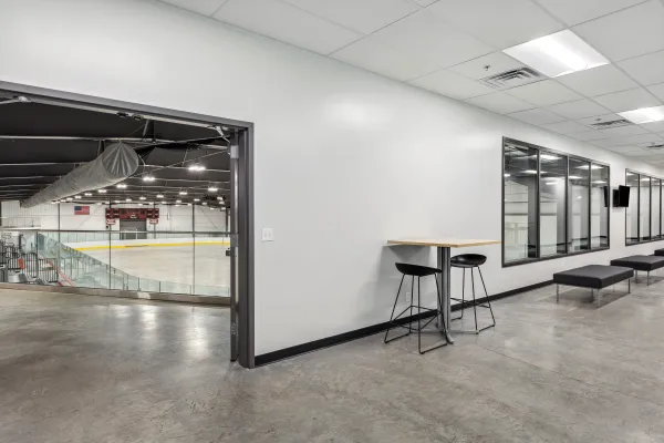 An entry way from the stands of the rink to an upper viewing area at the Saranac Lake Civic Center.