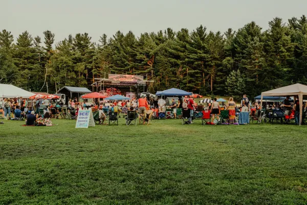 View of music festival crowd and stages from across a green field in summer